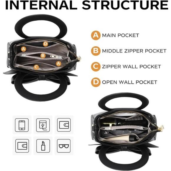 Small Crossbody Bag for Women Vegan Leather Handbag with Top Handle Cute Bow - Picture 6 of 7